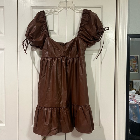 Brand New) Amanda Uprichard Faux Leather Puff Sleeve Dress Brown